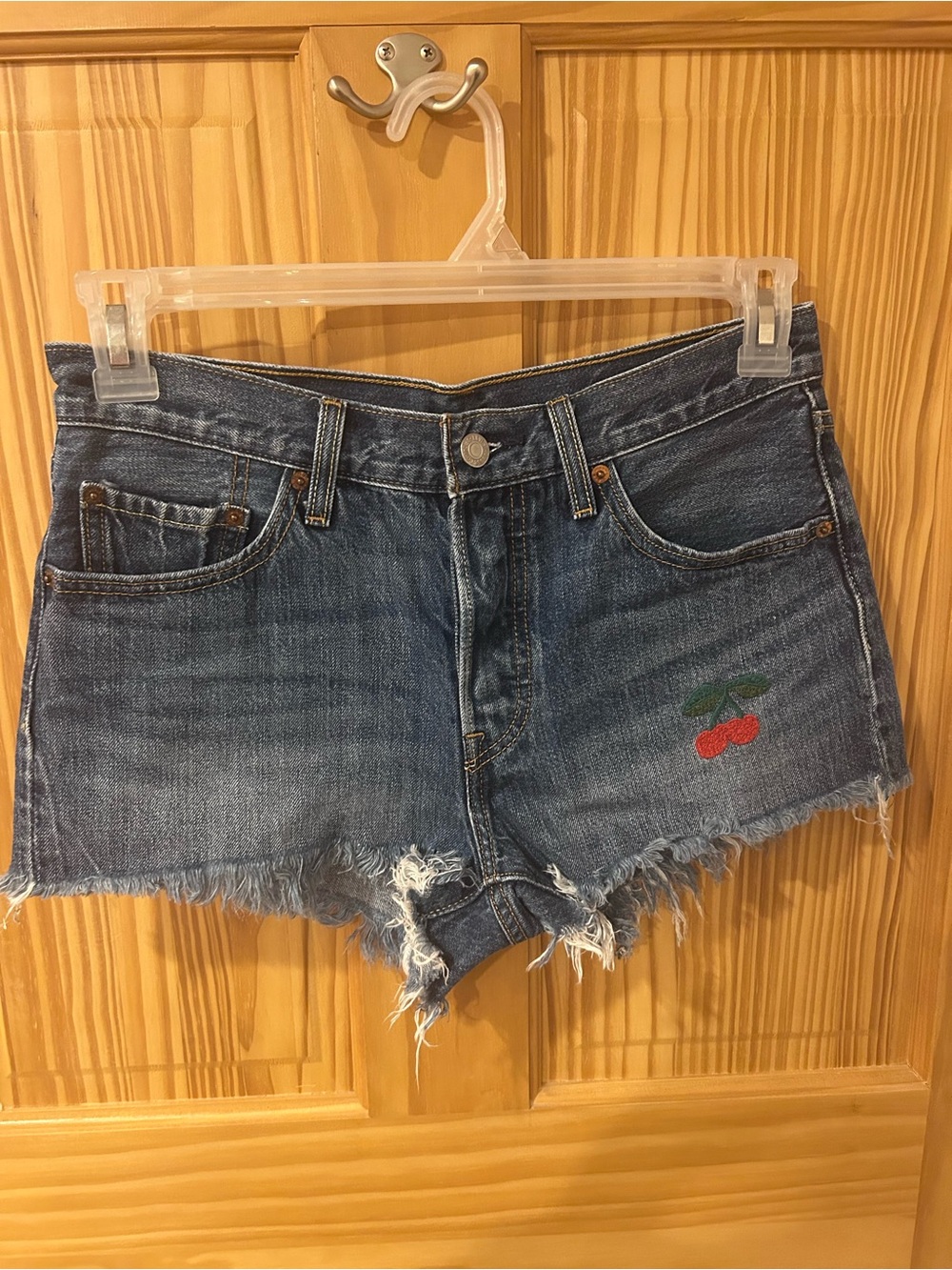 Levi's Blue Denim Cutoff Shorts with Cherry Patch
